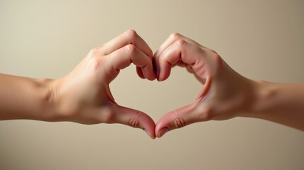 Obraz premium two pairs of children's hands forming a heart shape, softly lit studio shot, neutral background, focus on hands, detailed skin texture, youthful innocence