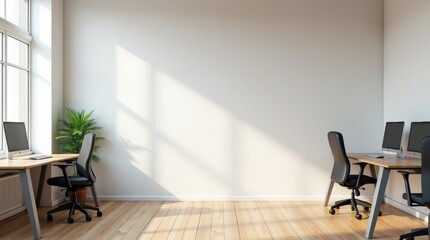 Fototapeta premium Spacious office with a blank wall, wooden floor, and computers on desks. Modern interior design concept. 3D Rendering