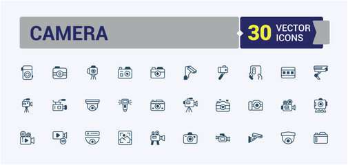 Camera icon collection. Related to Dslr, photograph, element, flash, collection, photography. Outline icons pack. Solid line editable stroke. Vector line and solid icons.