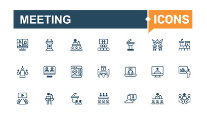 Set of Conference line icons. Containing discussion, training, forum, lecture, meet, professional, meeting and more. Thin linear style icons. Vector outline and solid icons collection.