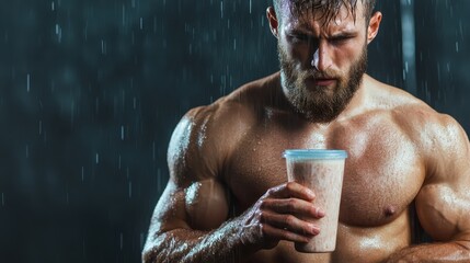 A muscular man with a beard is holding a protein shake while standing under a rain shower, showcasing an intense fitness and strength vibe.