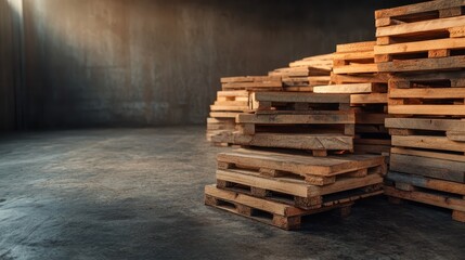 A collection of wooden pallets neatly stacked in an industrial space, showcasing the raw, rugged beauty of natural materials with a warehouse backdrop enhanced by ambient light.