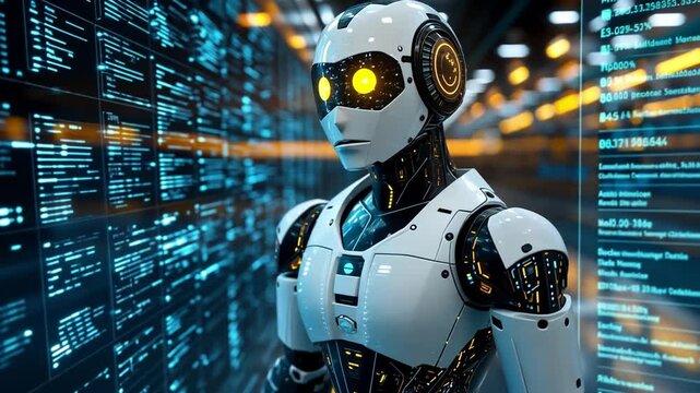 A white robot stands in front of a wall of digital code, looking intensely at the data