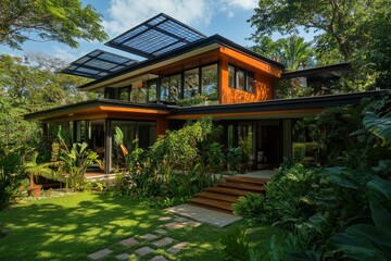 Obraz premium A stunning modern house with a lush green lawn, tropical plants, and solar panels on the roof. This home embodies sustainable living and stylish design.