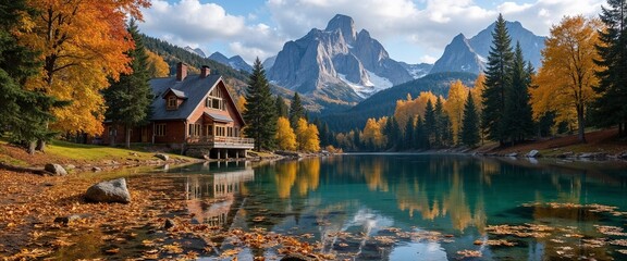 Fototapeta premium Scenic mountain lake cabin surrounded by autumn foliage