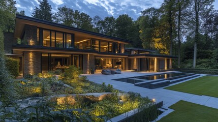 Obraz premium A stunning modern luxury home nestled in a lush landscape, featuring expansive windows, sleek design, and a serene outdoor living area complete with a pool, patio, and mature trees.