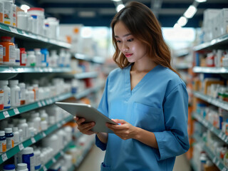 Asian pharmacist using digital tablet checking medicine inventory