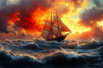 A painting of a sailboat in the middle of a stormy sea