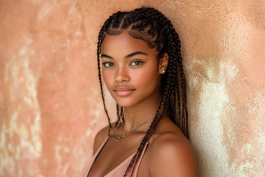 Young beautiful black woman with elegant box braids with natural hair texture.