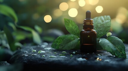 Essential oils with green leaves on stone surface in soft lighting