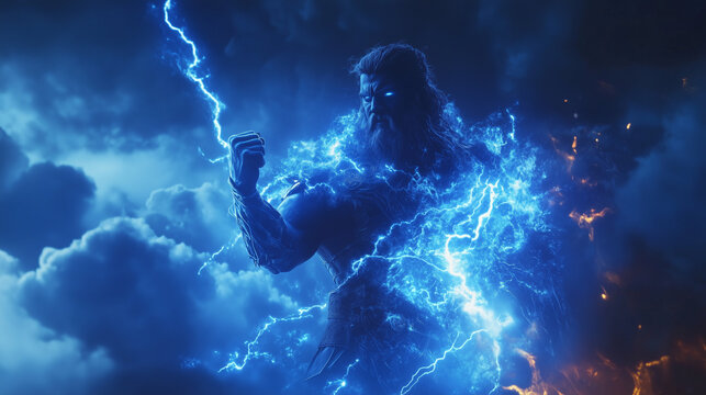Perun, the Slavic god of thunder, holding a lightning bolt, surrounded by storm clouds and glowing blue energy