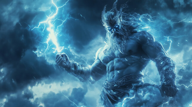 Perun, the Slavic god of thunder, holding a lightning bolt, surrounded by storm clouds and glowing blue energy