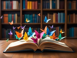 Knowledge and fantasy concept featuring an open book with colorful origami butterflies taking flight. A library setting enriches the scene, inspiring discovery and learning.	