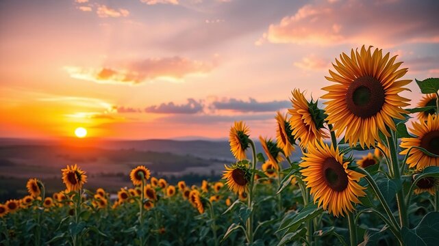 vibrant and colorful sunset over a field of tall sunflowers with a backdrop of rolling hills, sunny day, colorful, vibrant blooms