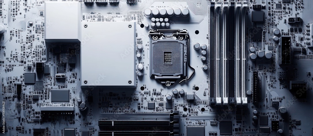 Poster close-up view of a computer motherboard with a cpu socket and ram slots.