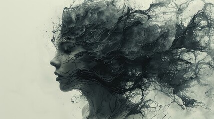 Fototapeta premium A silhouette of a person with chaotic, tangled lines emanating from their head, representing confusion and negative thoughts