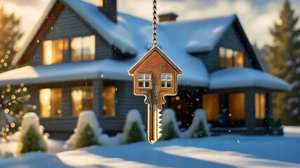 Key with house shaped keychain. Modern country private house with winter snowy garden on the background. Real estate, moving home or renting property concept. - Powered by Adobe