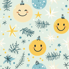 Minimalist Christmas pattern with smiling ornaments