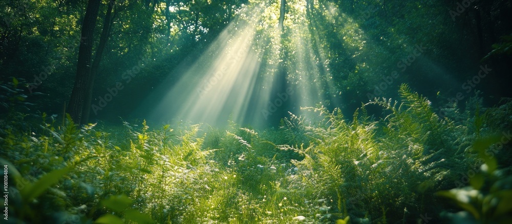 Poster sunbeams illuminating a dense forest floor, creating a mystical atmosphere.