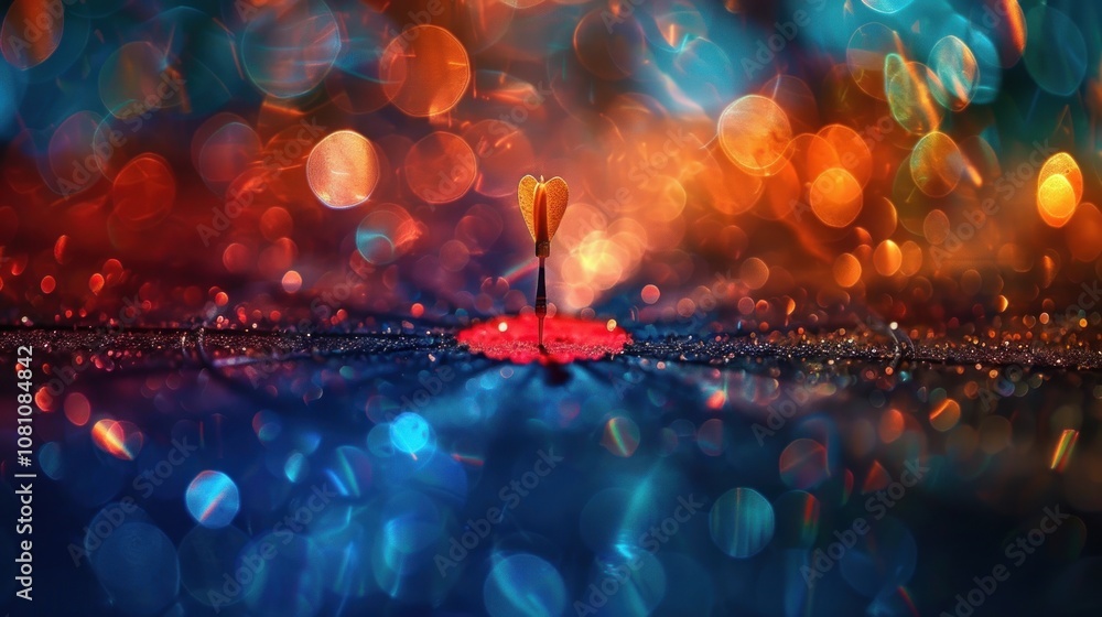 Poster a single dart with a red tip hits the bullseye, reflecting in the water, with a vibrant bokeh backgr