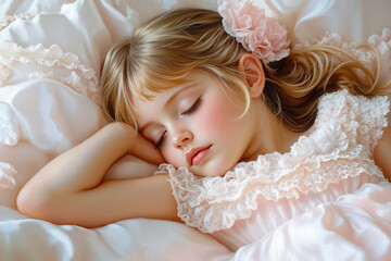 A little girl in a pink dress sleeping on a bed