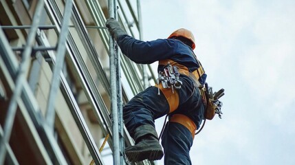 high rise fitter ascends scaffolding equipped various tools demonstrating remarkable skill and focus while working significant altitude city.