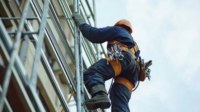 high rise fitter ascends scaffolding equipped various tools demonstrating remarkable skill and focus while working significant altitude city.