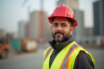 Fototapeta premium Professional Middle Eastern Construction Worker with Confident Expression at Worksite