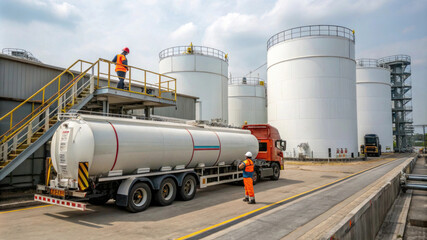 Workers managing fuel delivery at an industrial storage facility