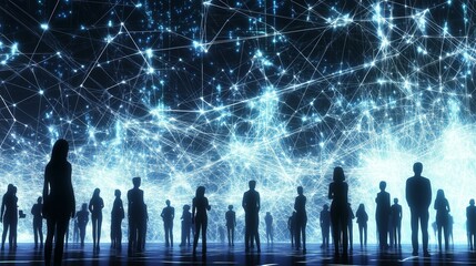 A futuristic a network of connected people. Interconnected lines and glowing nodes representing a digital network, with diverse silhouettes of people.