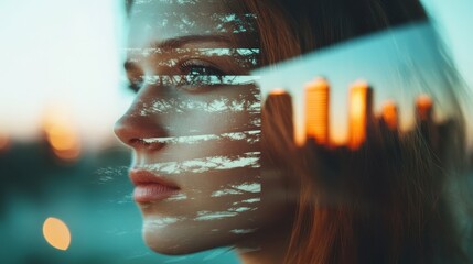 A compelling double exposure image blending a woman's profile with a vibrant city skyline, symbolizing urban life and introspective thoughts.