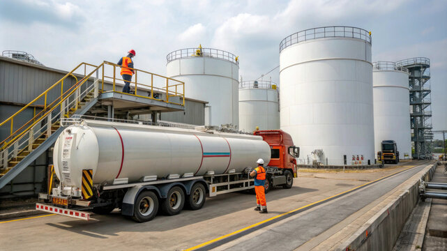 Workers managing fuel delivery at an industrial storage facility