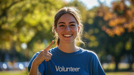 Volunteer smiles and points in a sunny park on a beautiful day