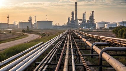 Fototapeta premium Industrial landscape with pipelines and refinery at sunset