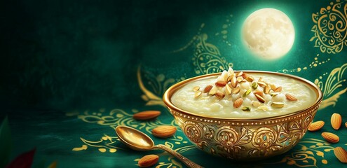 Banner for Sharad Purnima celebration scene with a emerald green background, with radiant full moon and a traditional brass bowl filled with creamy kheer. Copy space, free space for text