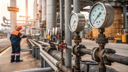 Industrial worker monitoring pressure gauges in a refinery