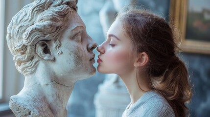 serene gallery adorned classical art young woman leans kiss lips stunning antique statue merging past and present moment whimsy.