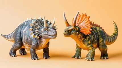 Obraz premium Two Colorful Toy Dinosaurs on a Soft Orange Background Featuring Detailed Textures and Realistic Features, Ideal for Educational Purposes and Creative Playtime