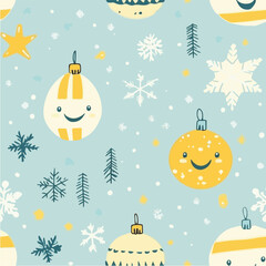 Minimalist Christmas pattern with smiling ornaments