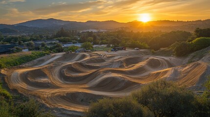 Sunset Over Scenic Dirt Bike Track with Flowing Trails Surrounded by Green Hills and Vibrant Sky, Perfect for Outdoor Adventure Photography and Action Sports Enthusiasts