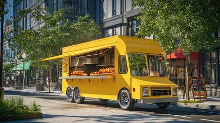 A vibrant yellow food truck parked on a city street, ready to serve up delicious hot dogs. The truck features a bright yellow exterior, a large window, and a variety of toppings for hot dogs.