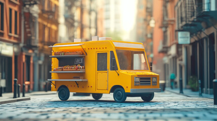 Fototapeta premium A vibrant yellow food truck parked on a city street, serving delicious hot dogs. The truck is a symbol of delicious food, entrepreneurial spirit, and street food culture.