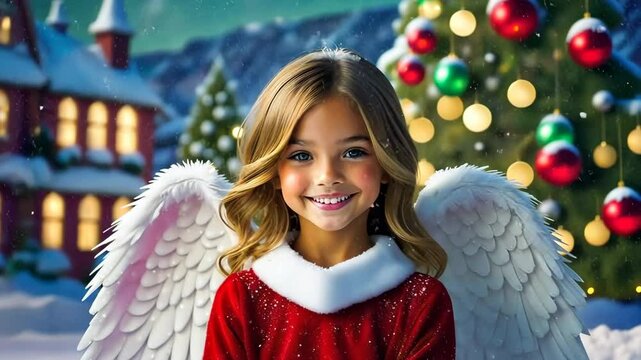 Beautiful little angel girl near Christmas tree and orphanage on the background. Happy child on New Years holidays. Home for orphans. Panorama with copy space