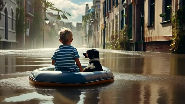 A young boy and his dog float on an inflatable raft in a flooded city street.