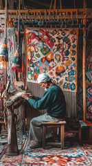 Obraz premium Artisan weaving colorful tapestry in traditional workshop setting