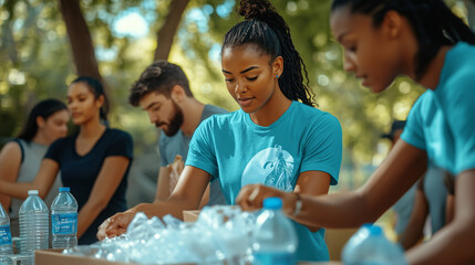 Young people in matching t-shirts gathering plastic bottles for recycling at park cleanup event