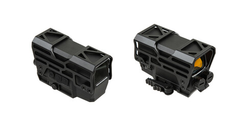 Modern optical collimator sight. Aiming device for shooting at short distances. Isolate on a white back.