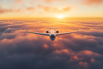 A stunning airplane flies above the clouds during a beautiful sunset. The sky is filled with warm colors. It captures a sense of adventure and freedom. Generative AI