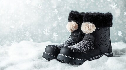 Black fur-trimmed winter boots with pom-poms on an isolated snow texture, surrounded by scattered snowflakes