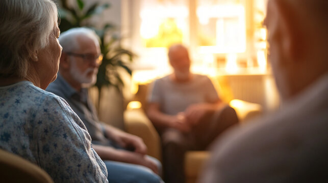 Elderly woman is listening attentively during a group therapy session, surrounded by other senior patients